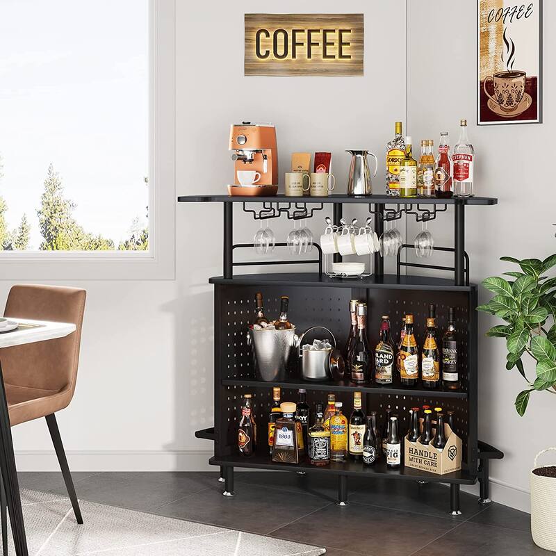 Smart LED Lights Bar Unit, 3-Tier Liquor Bar Table with Glasses Holder