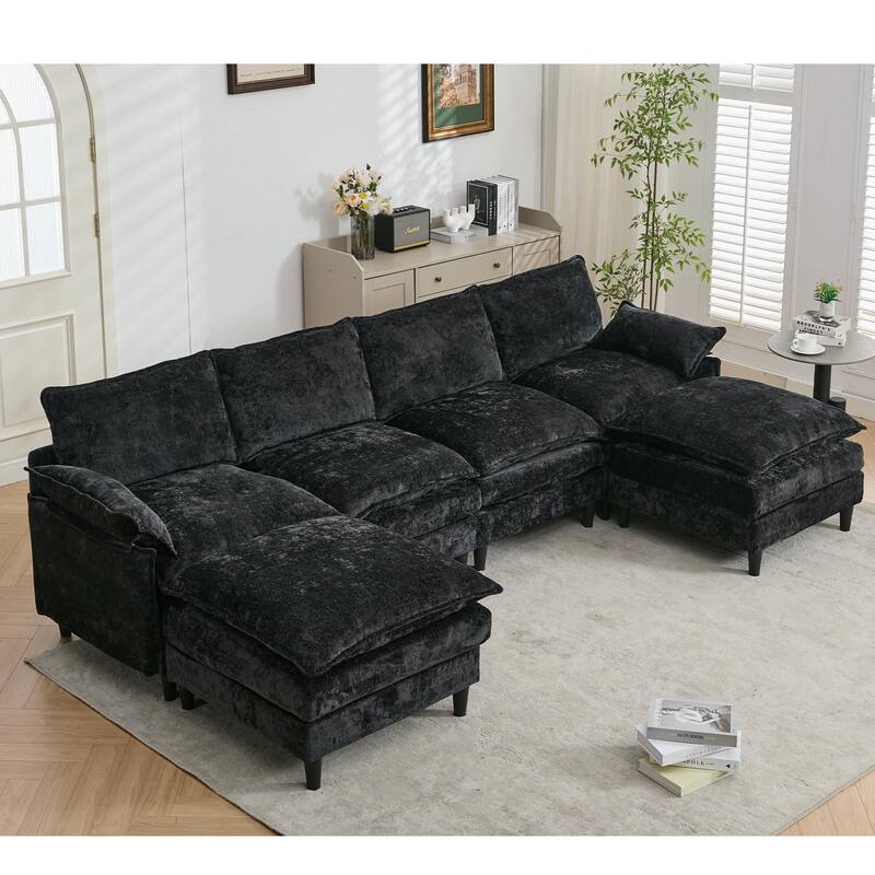 Modular U Shaped 6-Seater Convertible Chenille Sofa Set, Black - Multi-Color