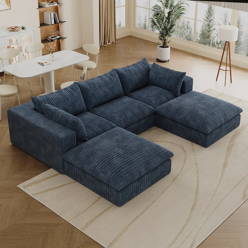 Modular Deep Seat Couch U-shaped Sectional Sofa with Chaise Lounge Corduroy Upholstered Sleeper Sofa Bed with Ottomans - Blue