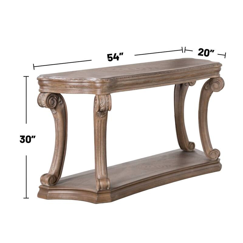 Wooden Sofa Table with Open Bottom Shelf in Weathered Oak