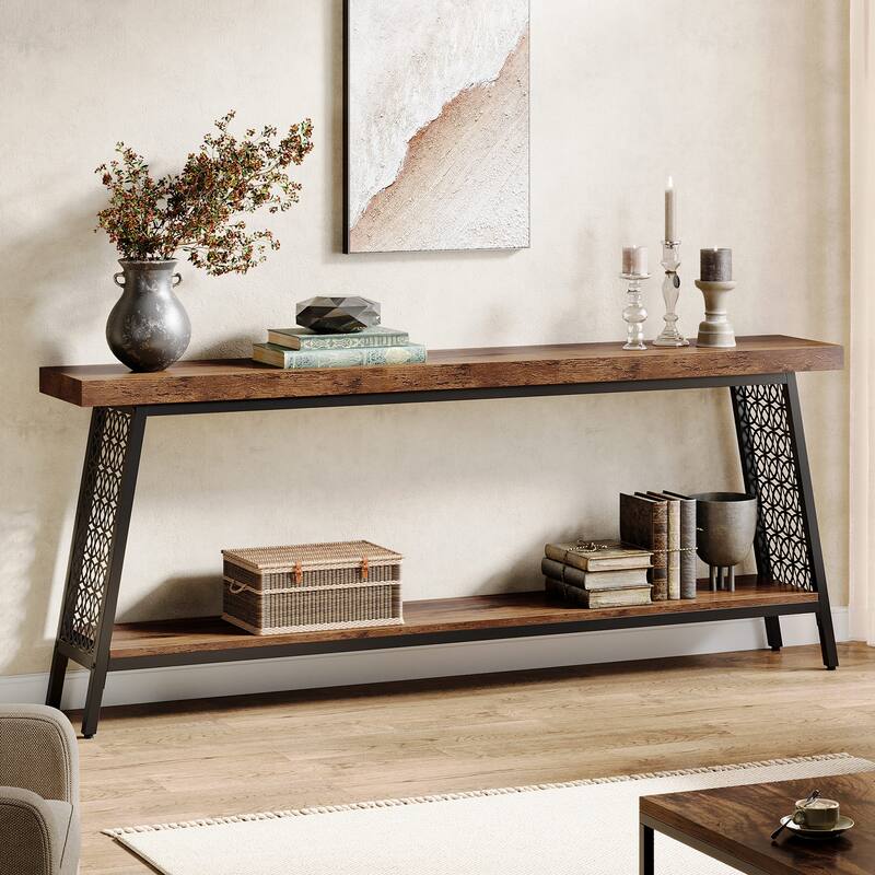 70.9" Extra Long Console Table, 2-Tier Sofa Table, Industrial Entryway Table for Living Room - Brown/Black