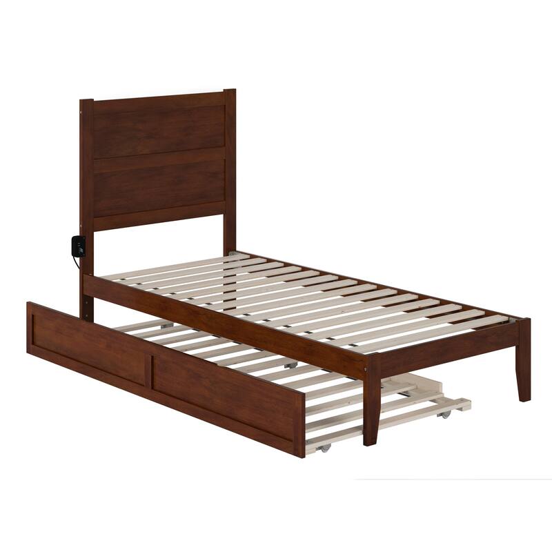 Twin XL Bed with Trundle & USB Ports - Modern Platform Bed Frame - Walnut Finish