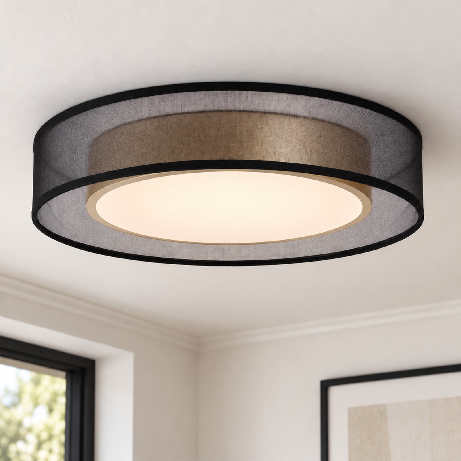 Rennnsan Modern Black Parchment LED Flush Mount Ceiling Light with Gold Finish for Bedroom - 15.7" W x 2.8" H