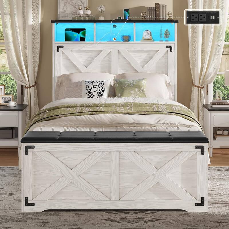 Bed Frame with Storage Ottoman Charging Station and Led Light