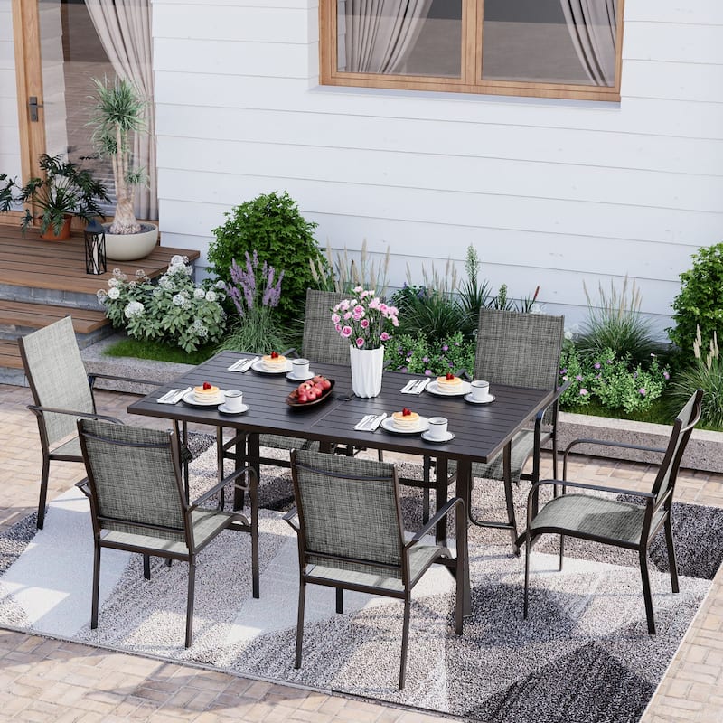 5/7/9-Piece Outdoor Patio Dining Set with Stackable Textilene Chairs and Slatted Table, Furniture with Adjustable Umbrella Hole