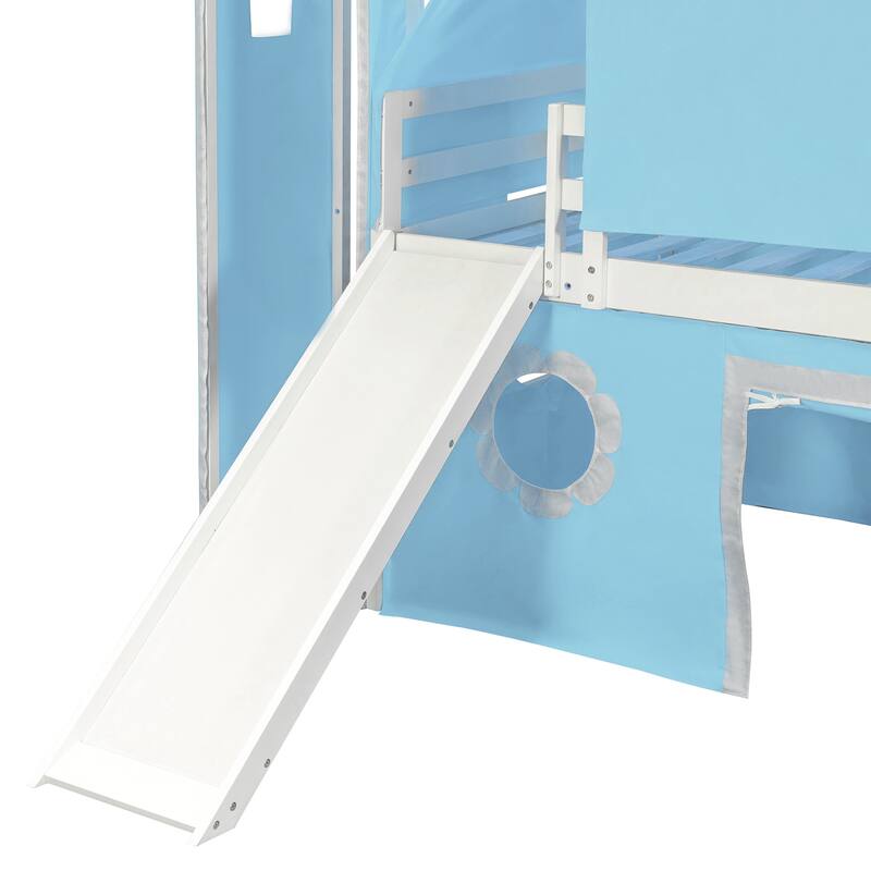 Kids Loft Bed Bed Castle-Shaped Bunk Bed with Slide and Safety Guardrail, Playhouse Bed with Tent & Tower Decor for Kids