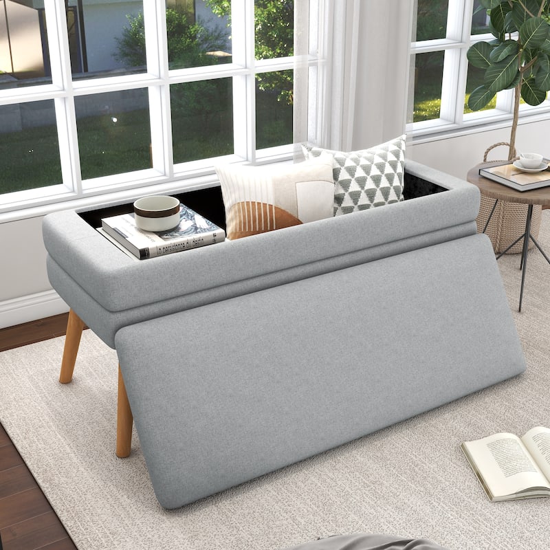 Modern Cotton/Linen Oversize Ottoman Bench with Wood Legs