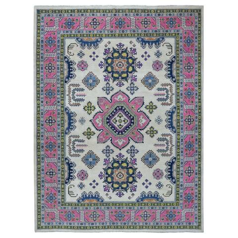 Shahbanu Rugs Colorful Ivory Fusion Kazak Natural Wool Hand Knotted Oriental Rug (8'10" x 11'6") - 8'10" x 11'6"