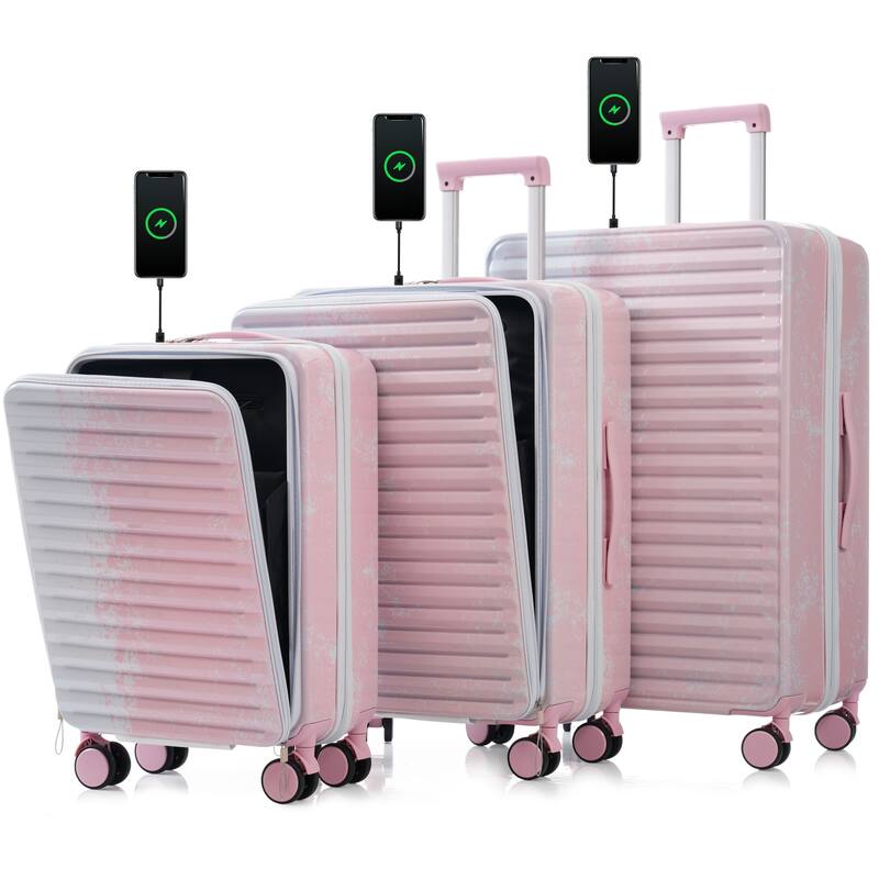 3 Piece Luggage Sets Expandable Suitcases with Front Pocket, TSA Lock USB Interface and Universal Wheel & Cup Holder - Pink