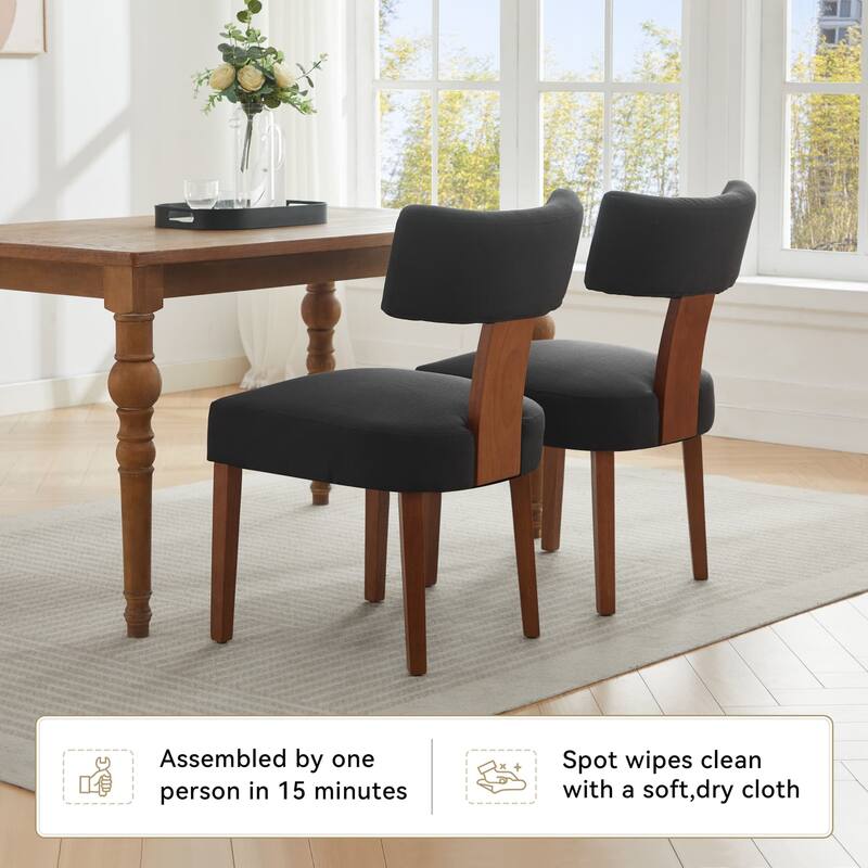 Set of 2 Upholstered Dining Chairs with Curved Backrest, Wooden Legs
