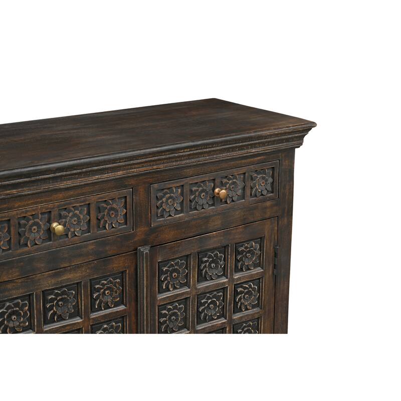 HomeRoots 107" Brown Distressed Solid Wood Carved Floral Six Drawer Sideboard with Six Doors