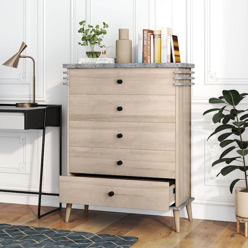 Costway 5-Drawer Dresser Farmhouse Chest of Drawers with Rubber Wood - See Details