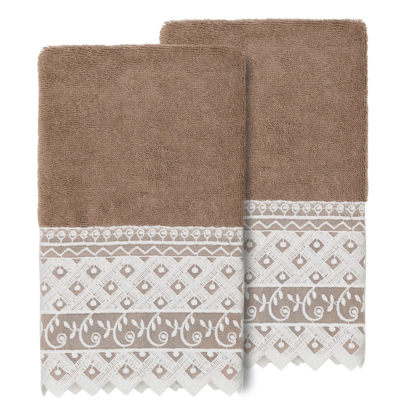 Authentic Hotel and Spa 100% Turkish Cotton Aiden 2PC White Lace Embellished Hand Towel Set - Latte