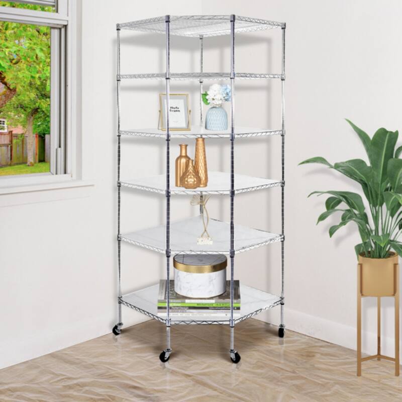 6-Layer Plastic Coated Polygonal Corner Shelf with 2" PP Wheels - (26.77 x 26.77 x 70.87)"