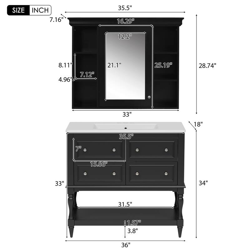 GDFStudio - Marquette Luxury Bathroom Vanity Set with Ceramic Sink, Mirror Medicine Cabinet and 4 Storage Drawers - 36'W