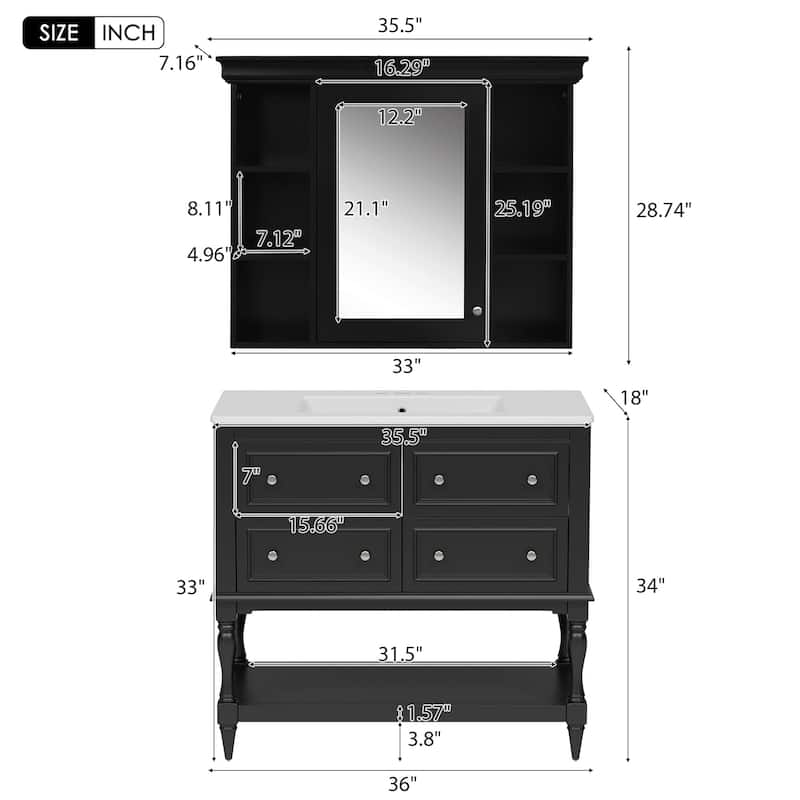 Roomfitters 36 Inch Bathroom Vanity with Medicine Cabinet, Solid Wood Frame Storage Cabinet with 4 Drawers and Shelf, Black