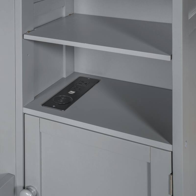 Wooden Bed with Built-in Cabinet, Shelf, and Sockets