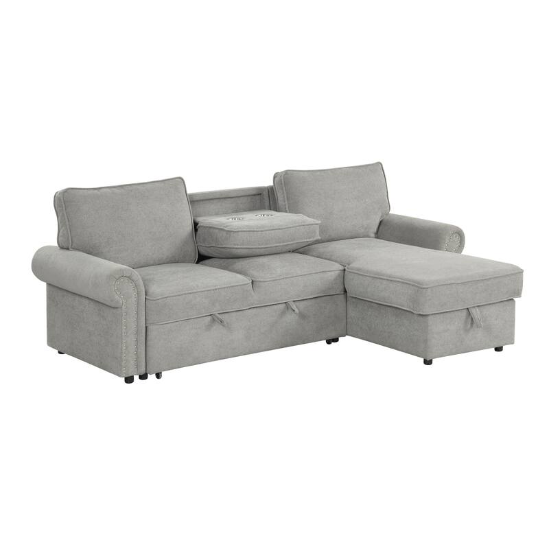 95" Convertible Sectional Sleeper Sofa with Storage Chaise, Pull-Down Tray & Cup Holders, Acacia Wood Frame (Polyester)