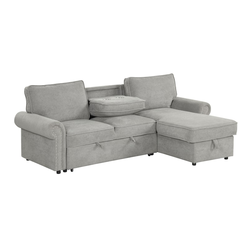 Convertible Sectional Sleeper Sofa with Storage Chaise, Pull-Down Backrest, Dual Cup Holders, Arc Armrests and Nailhead Trim