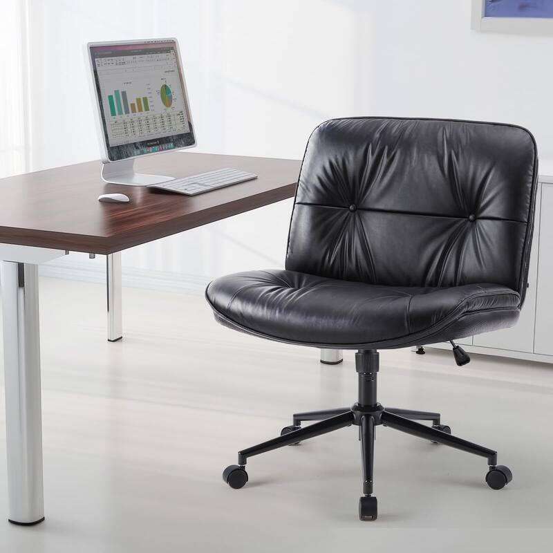 PU Leather Adjustable Height Wide Seat Criss Cross Office Chair with Armless & Changeable Feet - Black