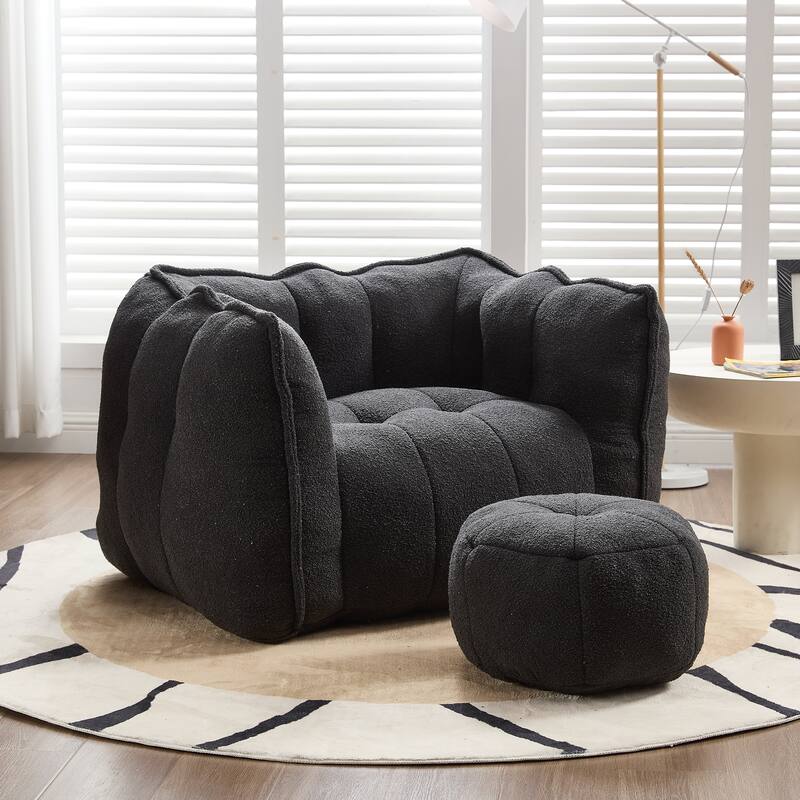 Extra-Large Chenille Bean Bag Chair with Footstool, Comfy Bean Bag Sofa for Adults, High Resilient Foam Square Lazy Sofa
