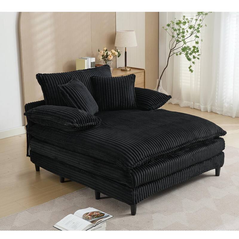 Oversized Corduroy Chaise Lounge Chair, Adjustable 4-Gear Reclining Sleeper Sofa Bed, Living Room Deep Seat Leisure Sofa Chair - Black