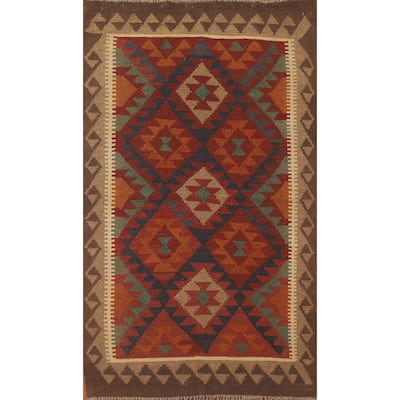 Geometric Kilim Area Rug Flat-weave Oriental Wool Carpet - 3'2" x 5'2"