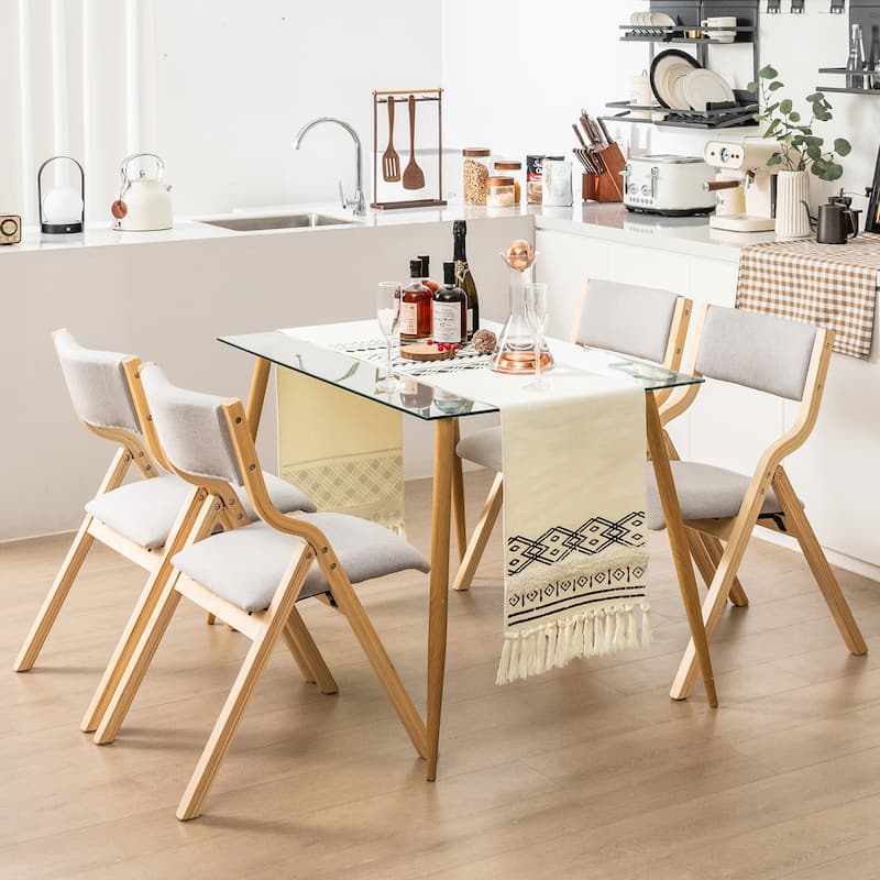 Set of 2 Wooden Folding Dining Chair with Linen Fabric Padded Seat and Backrest - 19" x 24" x 31" (L x W x H)