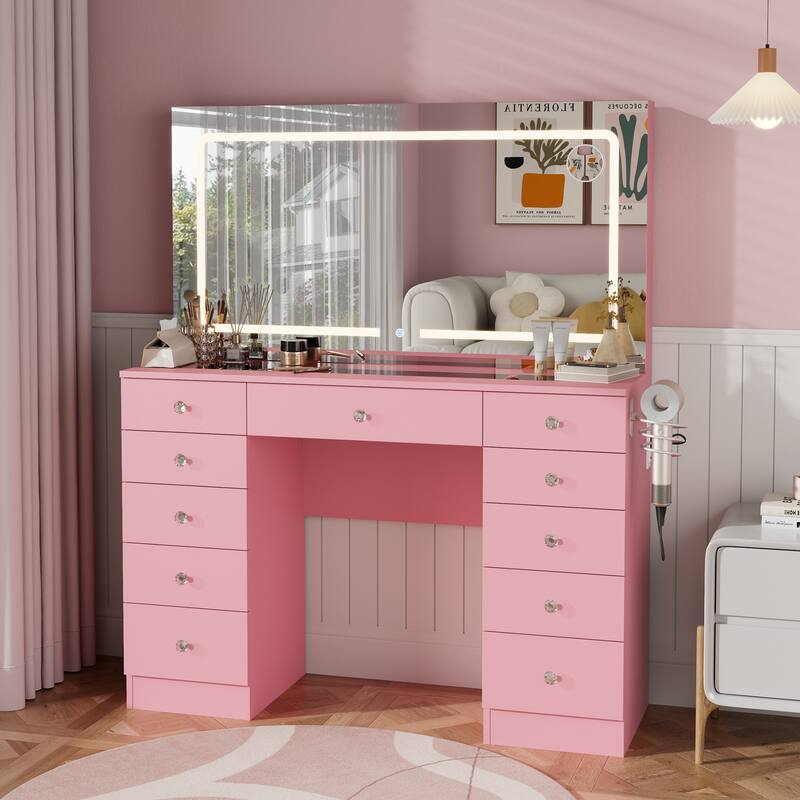 Makeup Desk with Large Mirror & 11-drawer