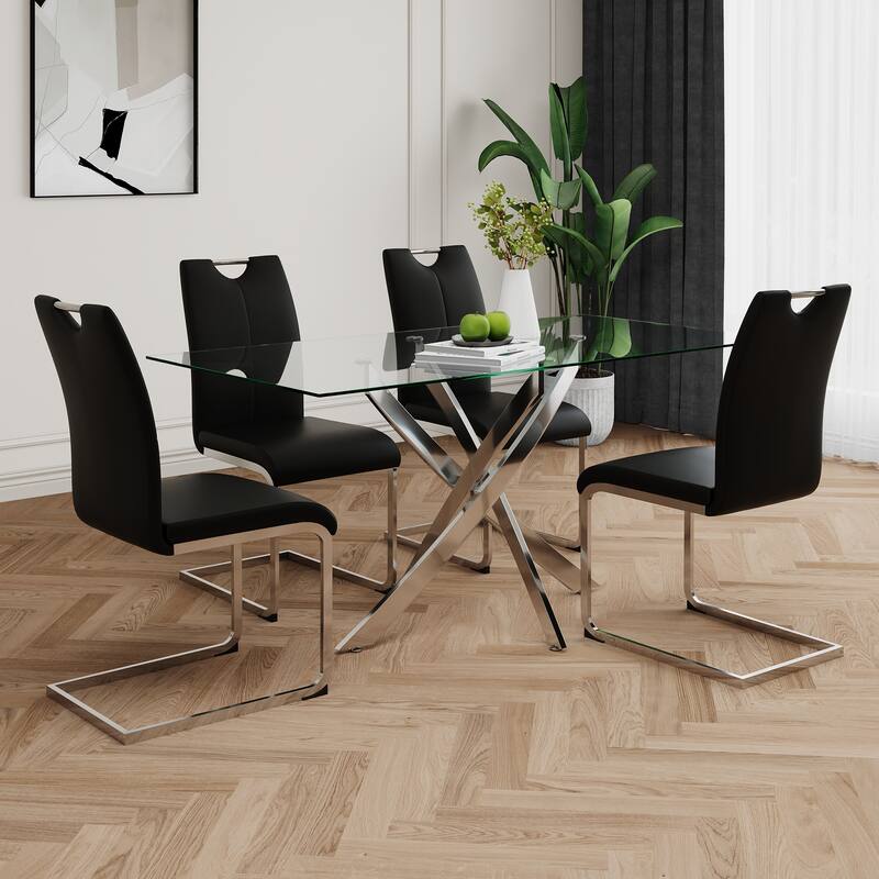 Modern Set of 2 Dining Chairs with Leather Cushioned Seat, Chrome Metal Legs, for Dining Room, Living Room, and Bedroom