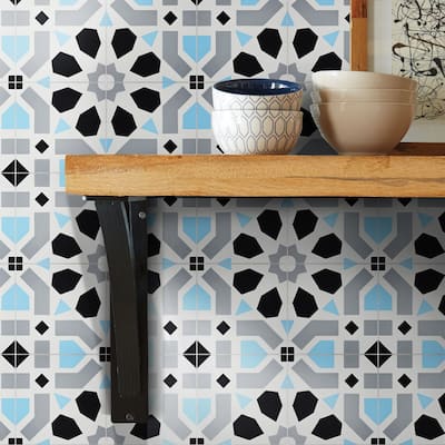 Handmade Azilal in Black, Grey, and Blue Tile, Pack of 12 (Morocco)