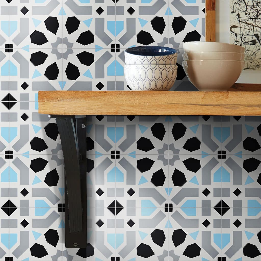 Handmade Azilal in Black, Grey, and Blue Tile, Pack of 12 (Morocco)