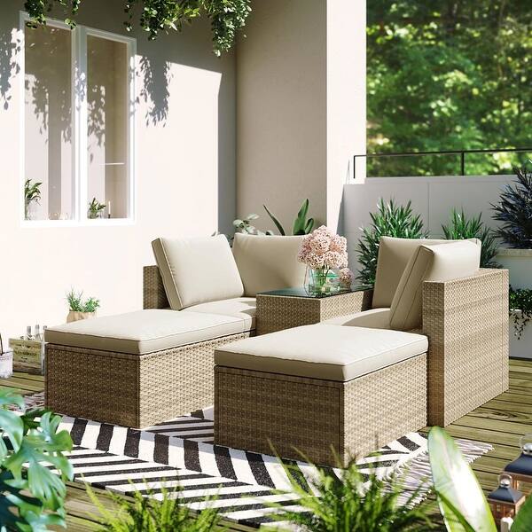 slide 2 of 23, Outdoor Patio Furniture Set, 5-Piece Wicker Rattan Sectional Sofa Set Beige