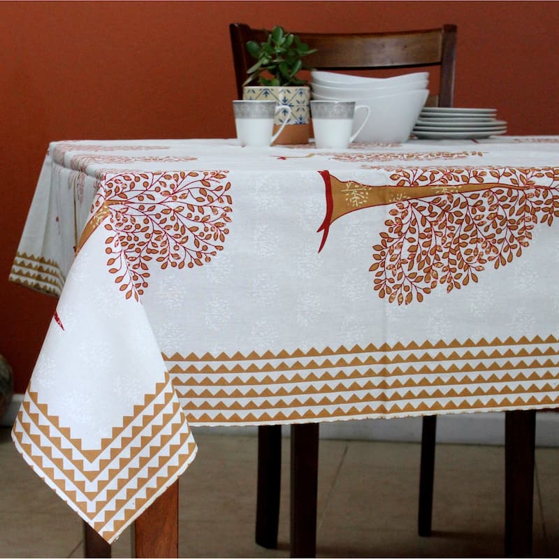 Cotton Regale Tree Of Life Print Floral Tablecloth Collection - 88 x 102 inches - Tan