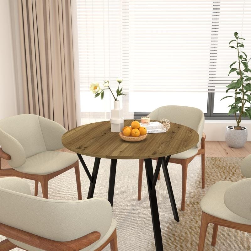 35.43 Inch Round Dining Table with Black Metal Legs, Brown Industrial Kitchen Table(only table)