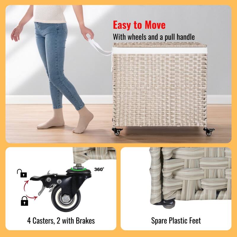 42.26 Gal PE Wicker Laundry Hamper with Lid, Removable Liner, Wheels