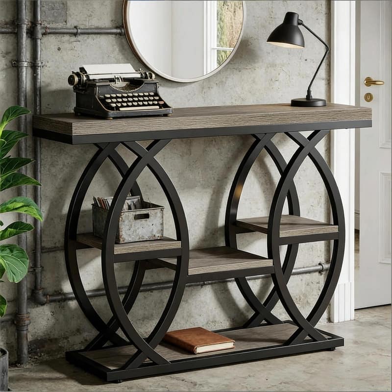 39" Industrial 4-Tier Console Table with Metal Frame and Staggered Shelves