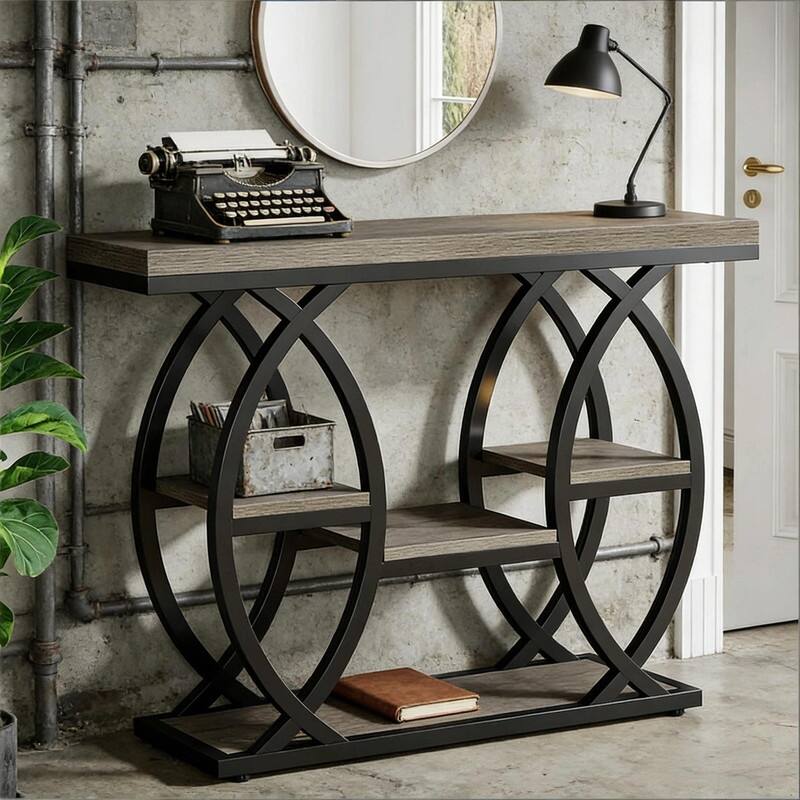39" Industrial 4-Tier Console Table with Metal Frame and Staggered Shelves - Gray