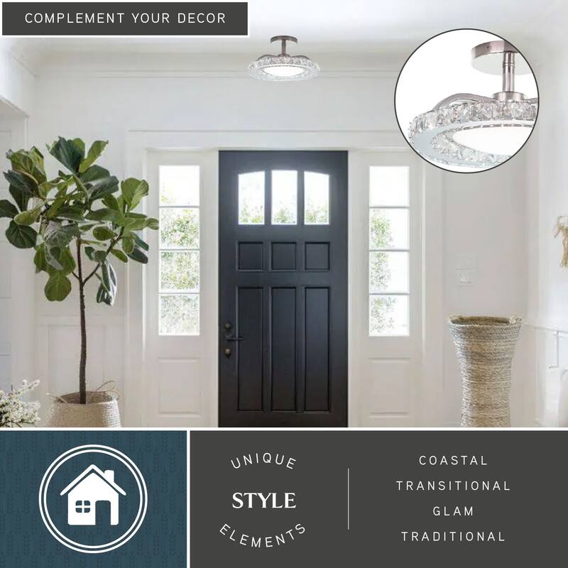 Clara 12.25-in W Integrated LED Satin Nickel Crystal Glam Semi Flush Mount Ceiling Light - 12.25-in W x 6.25-in H x 12.25-in D