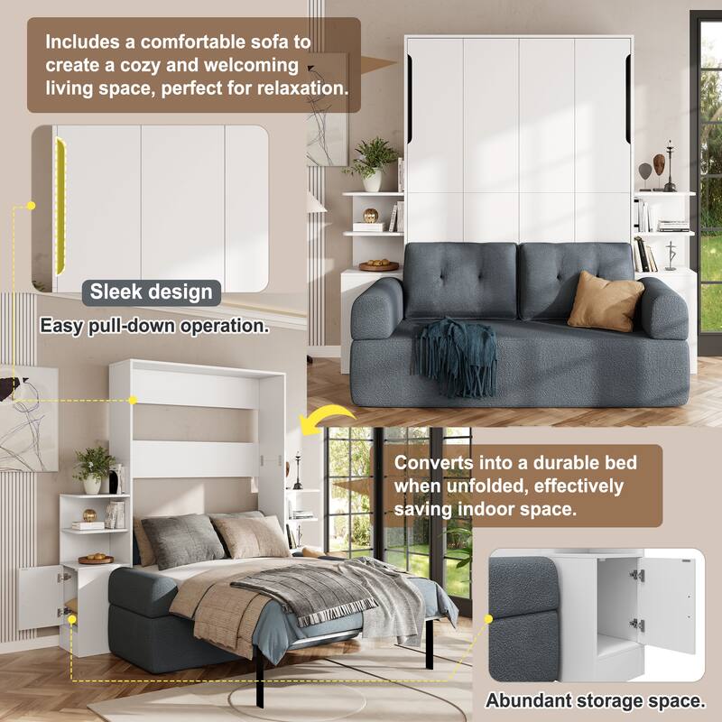 Roomfitters Queen Size Murphy Wall Bed with Sofa and Storage Shelves