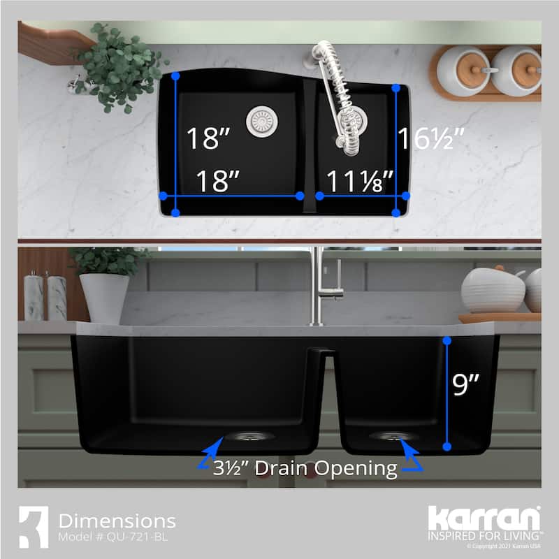 Karran Undermount Quartz 33 in. Double Bowl 60/40 Kitchen Sink with Bottom Grids and Strainers