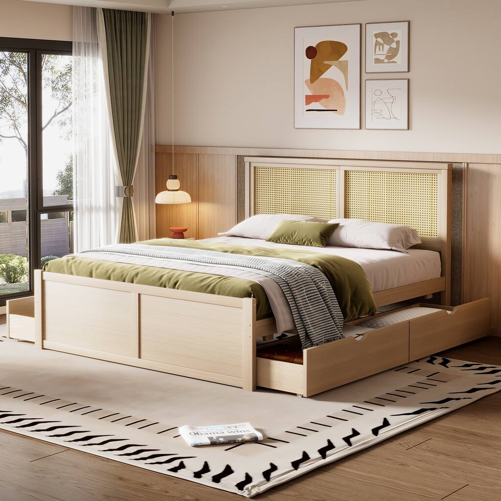 Queen Size Storage Platform Bed with Rattan Headboard, 4 Drawers, and Sturdy Pine Wood Construction