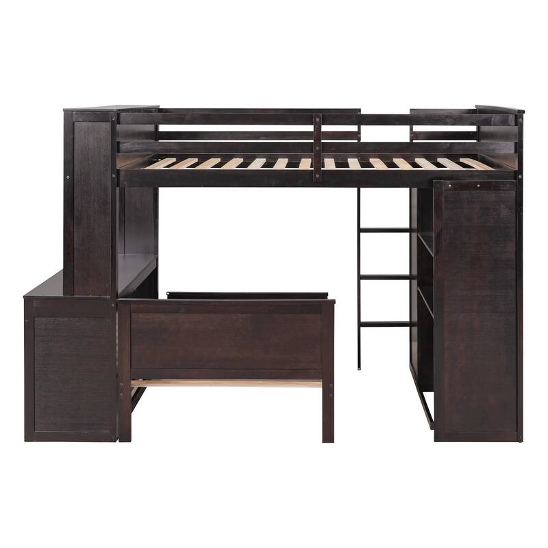 Space-Saving Full Size Loft Bed with Twin Bed, Shelves, Desk, and Wardrobe in Espresso