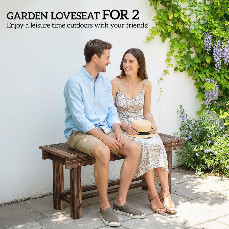 Outsunny 35.4" Wooden Garden Bench with Storage Shelf, 2 Seater, Suitable for Patio, Balcony, Outdoor Bench, Carbonized Wood