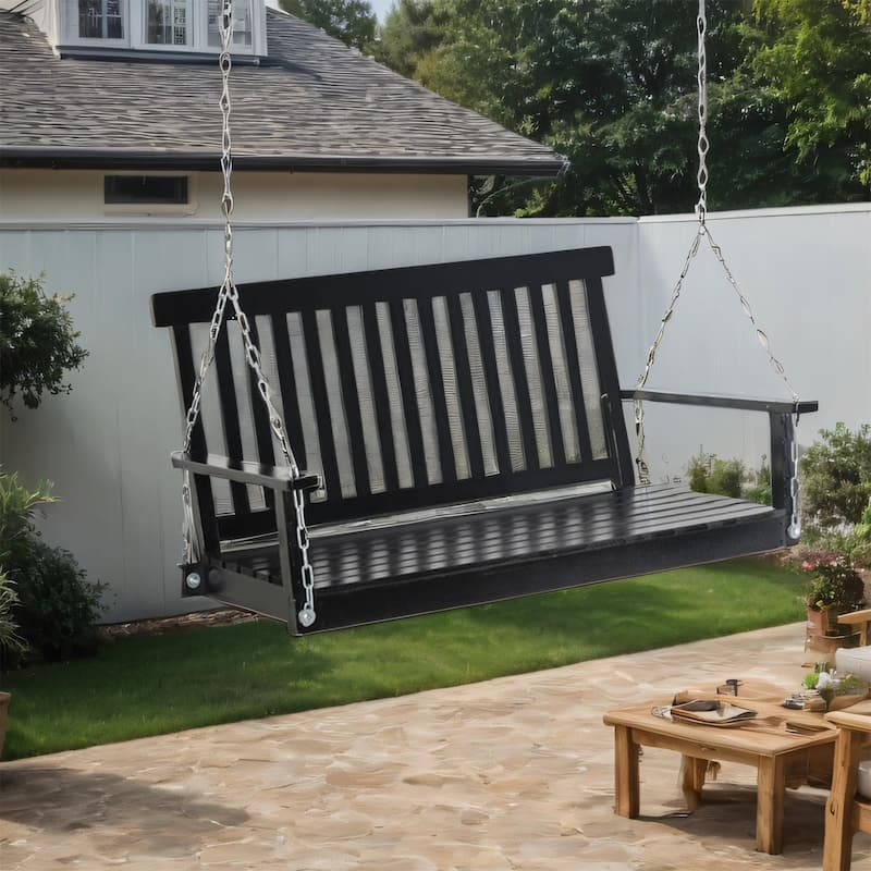 47" Outdoor Wood Hanging Swing Chair with Slatted Build and Chains - Black