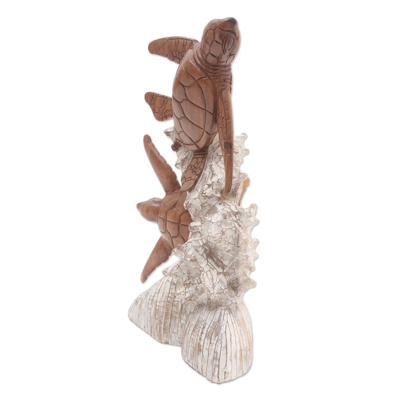 Novica Handmade Turtles And Coral Wood Sculpture