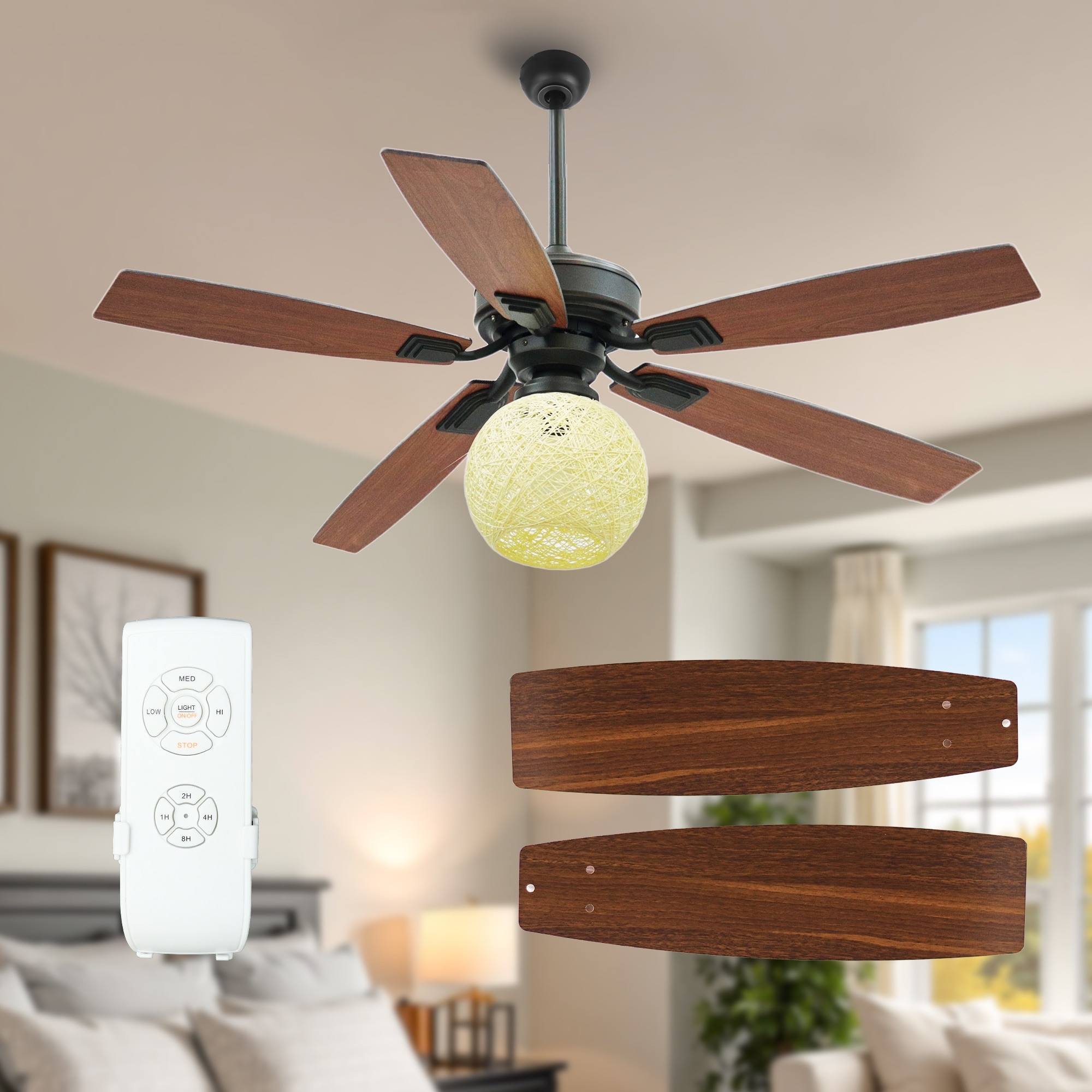 52 Inch Ceiling Fans with Lights and Remote, Reversible Airflow, Noiseless for Bedroom, Living Room, Indoor/Outdoor Use