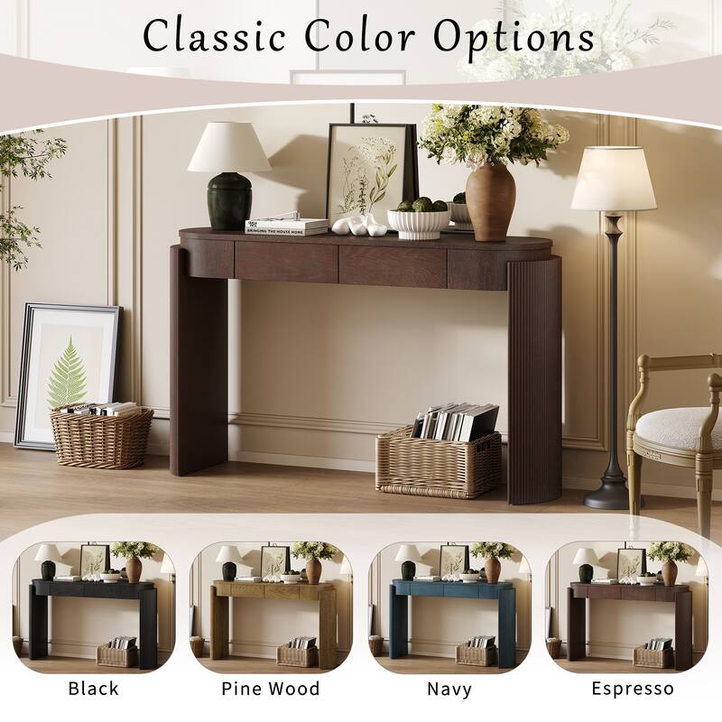 Oval Entryway Console Table with Natural Wood Grain, Fluted Leg Design and 2 Storage Drawers for Living Room or Hallway