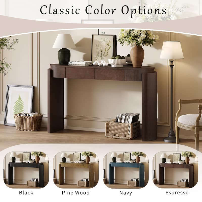 Roomfitters Entryway Console Table with Natural Wood Finish, Oval Top, Fluted Legs and 2 Storage Spaces