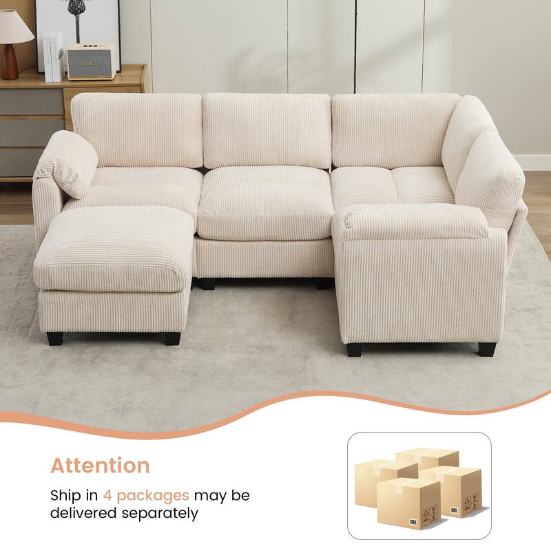 5-Seater Corduroy Sectional Sofa, Removable Ottoman, Modular Design